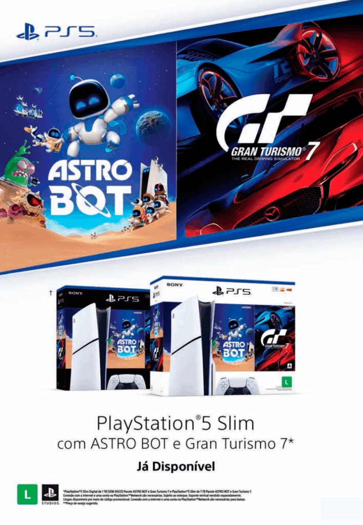 Propaganda PlayStation 5 Slim com Astro Bot e Gran Turismo 7 - Revista PlayStation 312 - 2025